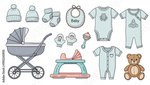 Assortment of blue baby clothes and nursery accessories including a classic stroller, onesies, socks, a bib, and a cute teddy bear.
