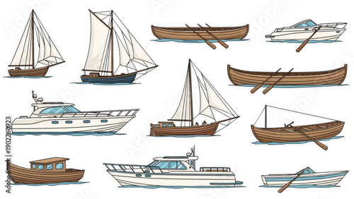 Collection of traditional wooden boats and modern motorboats including sailboats, rowboats, and yachts on calm blue water surfaces.