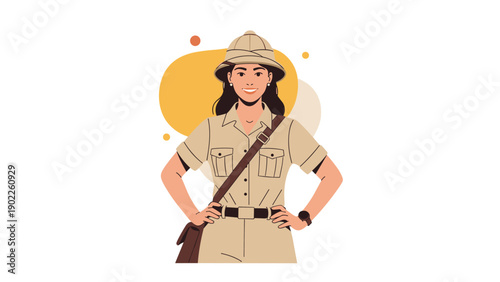 Smiling woman dressed in a tan safari explorer outfit with a pith helmet and a shoulder bag standing against a decorative background.