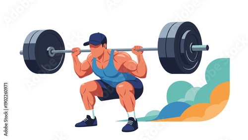 Powerful male athlete performing a heavy barbell back squat exercise with stylized abstract background shapes in orange and blue.