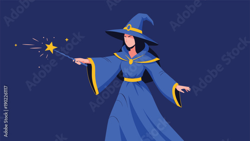 Powerful female wizard character casting a magic spell with a glowing star wand against a dark blue background for fantasy.
