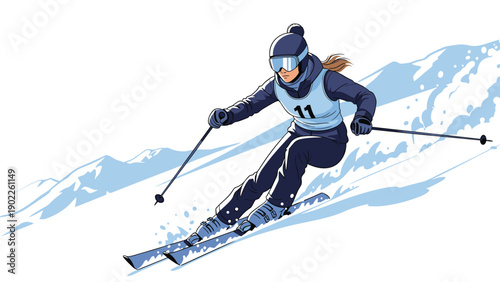 Professional female skier in blue winter gear racing down a snowy mountain slope in a dynamic winter sports scene for active.