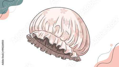 Illustration of a delicate pink ruffled shower cap with a faint floral pattern on a clean white background for beauty theme.