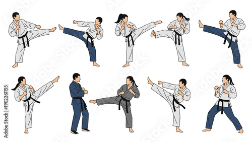 Experienced martial arts practitioners demonstrating various karate kicks and defensive poses in traditional white uniforms with black belts.