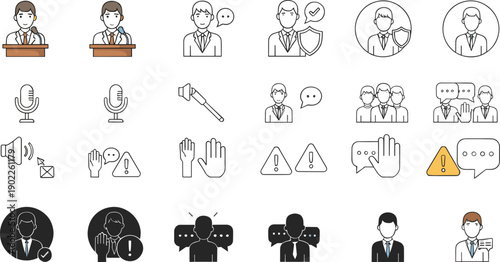 Communication and Moderation Icon Vector Set with Public Speaking Microphone Feedback Warning Messages Security and User Interaction Symbols