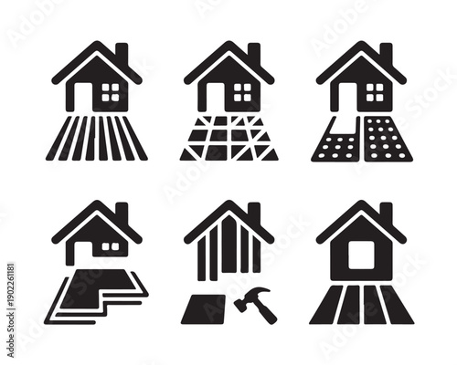 Construction and renovation service icons for flooring installation tiling and home repair maintenance isolated on transparent background grid pattern