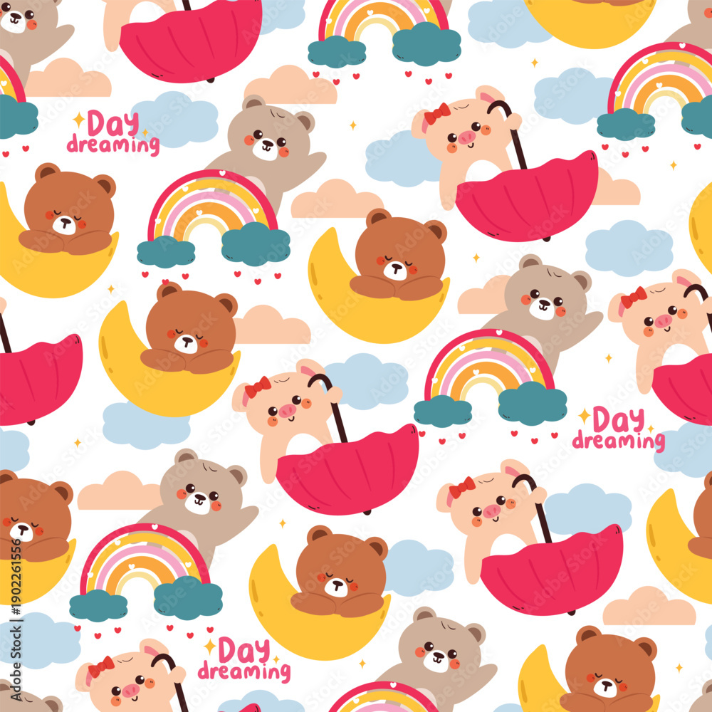 Obraz premium seamless pattern cute hand drawn cartoon animals with sky element. cute animal pattern background