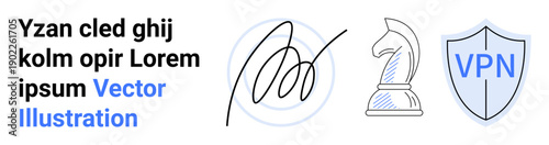 Online privacy, digital strategy, data protection, signature verification, cybersecurity tools, encryption. Hand-drawn signature, knight chess piece VPN shield icon. Online privacy and digital