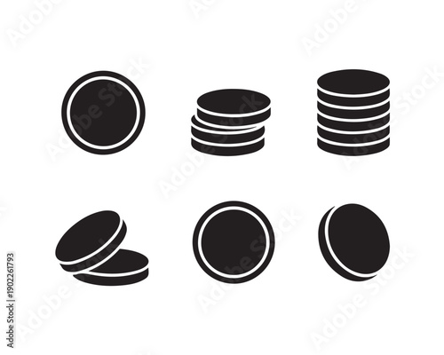 Set of black coin icons in various perspectives and stacks for banking financial applications and money transaction concepts on transparent surface
