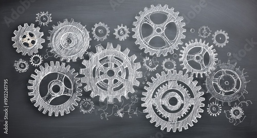 Illustration of several interlocking cogwheels rendered in sketch style, arranged on a chalkboard backdrop. Focus on mechanics