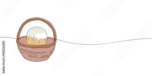 A modern one-line drawing of a woven basket containing a traditional Easter cake with white icing and colorful sprinkles, symbolizing celebration.