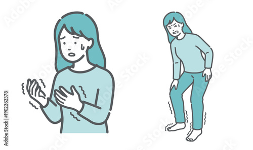 手足の痺れ・震えに悩む女性のイラストセット（更年期障害・糖尿病・甲状腺疾患）