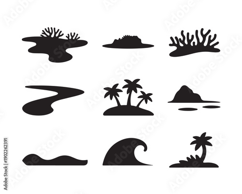 Tropical island and ocean elements, palm trees, coral reefs, sea waves, small islands, volcanoes, vector illustrations