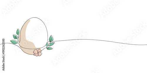 A simple, elegant one-line drawing of an egg adorned with leaves and a flower, blending nature and minimalism in a modern art style.