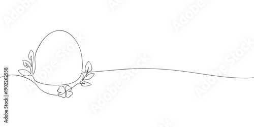 A continuous one-line drawing of an egg with leaves and a flower, blending simplicity and elegance in a modern, minimalist style.