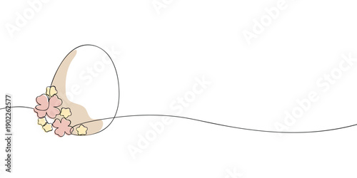 A simple continuous one-line digital drawing of an Easter egg decorated with pastel-colored flowers, symbolizing spring, rebirth, and celebration.