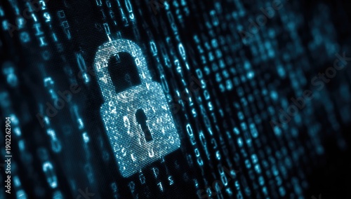 Digital padlock overlaid on a blue binary code background, symbolizing data protection and online security. Abstract and modern