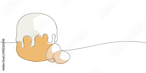 A simple continuous one-line drawing of a cake with dripping icing and eggs, representing baking ingredients in a minimalist, modern style. Easter cake.