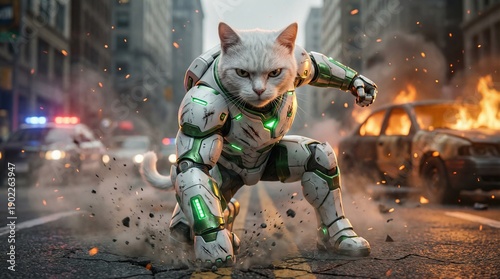 Cat superhero in advanced green and white power armor stands ready for action in a ruined city street with a burning car and flashing emergency lights, showing determination and strength