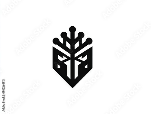 Minimal black shield emblem with branching circuit crown on white background representing cybersecurity authority system protection and modern digital identity