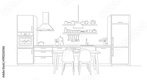 Clean line art illustration depicts a modern kitchen interior featuring essential appliances cabinetry dining table and open shelving with various utensils.