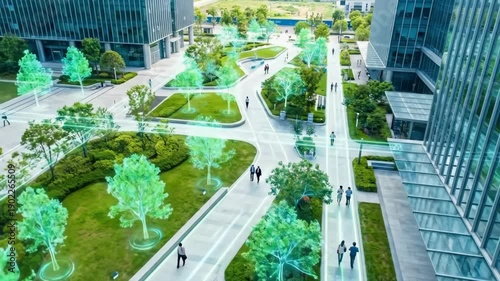 Smart city with glowing virtual trees and walking people, illustrating environmental data visualization and future urban planning