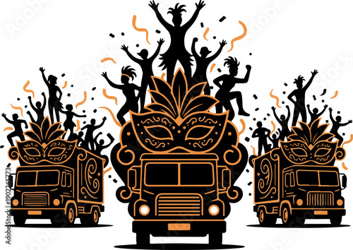 Black Silhouette Carnival Parade with Orange Accents and Mardi Gras