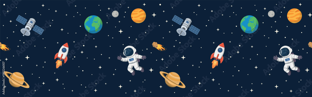 Naklejka premium Cartoon Outer Space with Astronaut, Rocket and Planets Seamless Horizontal Banner
