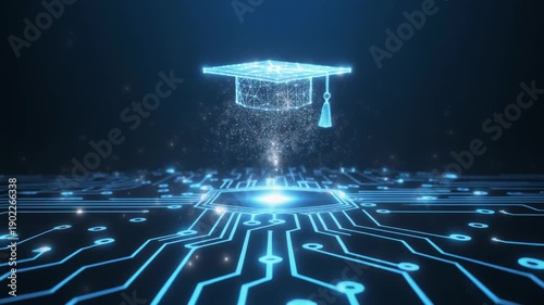 Wallpaper Mural Digital graduation cap hovering over a glowing circuit board with blue light effects education Torontodigital.ca