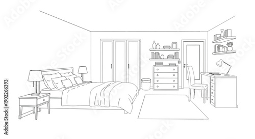 Detailed black and white line art illustration depicting a fully furnished and organized modern bedroom interior with a large bed and dedicated workspace area.