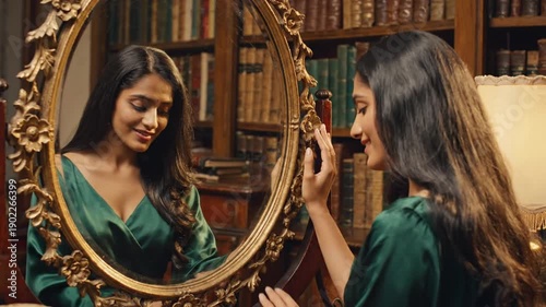 Woman admiring herself in ornate mirror in a library