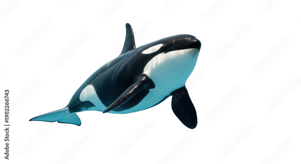 Obraz premium Majestic orca PNG isolated on transparent background, killer whale swimming in the ocean, marine mammal with black and white coloration