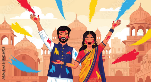 Happy Holi vector illustration of a joyful couple celebrating the Holi festival with colorful powder against traditional Indian architecture.