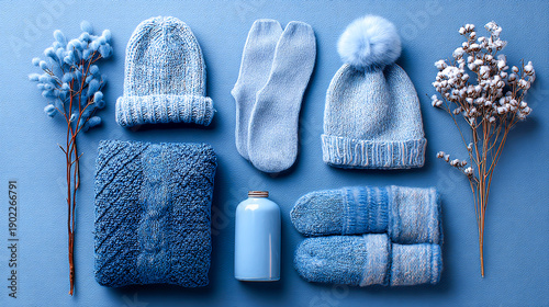 Wallpaper Mural Flat lay of knitted winter accessories in cold blue tones. Gloves, hat, scarf and dried flowers. Minimal seasonal composition for fashion catalog, ecommerce, winter lifestyle content. Torontodigital.ca
