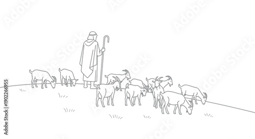 Simple line art drawing depicts a shepherd standing vigil over his small herd of grazing goats in a vast open field illustration