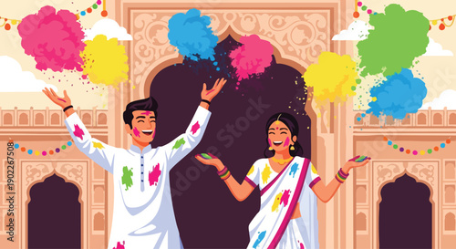 Happy Holi vector illustration of a couple celebrating the Holi festival with colorful powder against traditional Indian architecture.