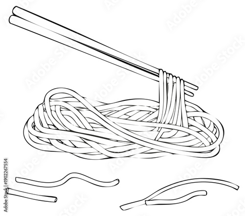 Chopsticks lifting delicious Asian noodles from a food pile hand drawn simple illustration