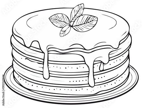 Delicious Stack of Pancakes with Drizzling Syrup and Mint Leaf Decoration