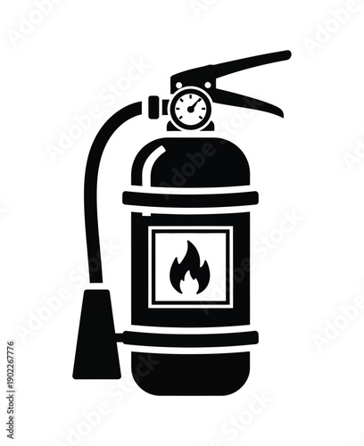Black and white illustration of a fire extinguisher with a pressure gauge and flame symbol isolated on a transparent background