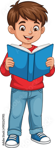 Modern flat design illustration of a cheerful young boy standing and reading a blue book.