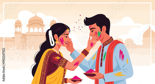 A vibrant illustration of a couple celebrating the Happy Holi festival with colorful powder against traditional Indian architecture.