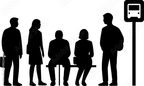 Black silhouette of people waiting at bus stop bench public transport vector icon