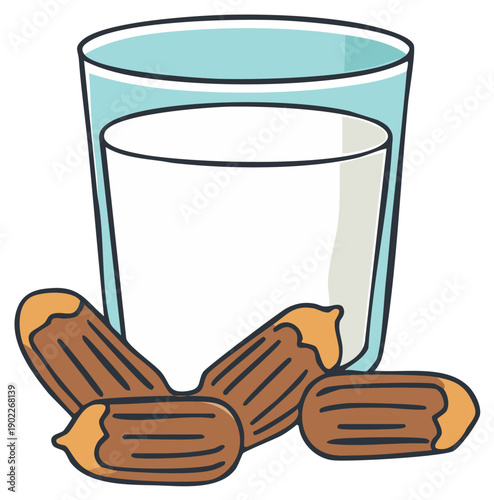 Illustration of a glass of milk beside several chocolate eclairs on a bright white background, snack with chocolate eclairs
