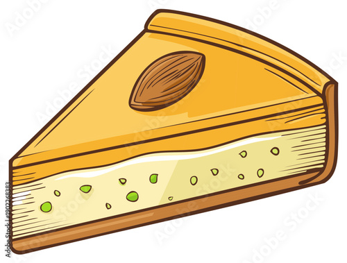 Slice of Cheesecake Cartoon with Almond Topping, Vector Dessert Illustration