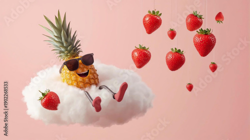 Happy pineapple flying with strawberries