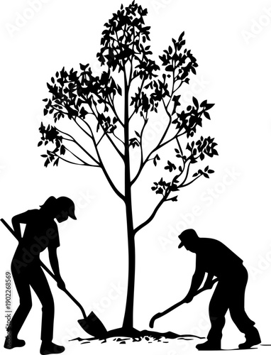 Silhouettes of two people planting a tree vector graphic black and white