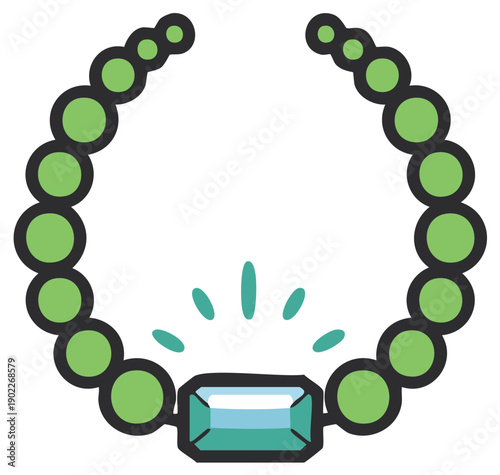 Green beaded necklace with sparkling blue gemstone pendant illustration. Elegant jewelry accessory design.