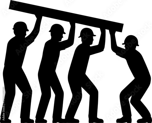 Teamwork of Construction Workers Carrying Heavy Beam Silhouette