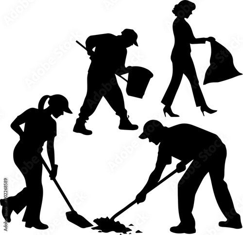 Cleanup and Labor Workers Silhouettes Set Digging Shoveling and Collecting Waste Vector Graphic