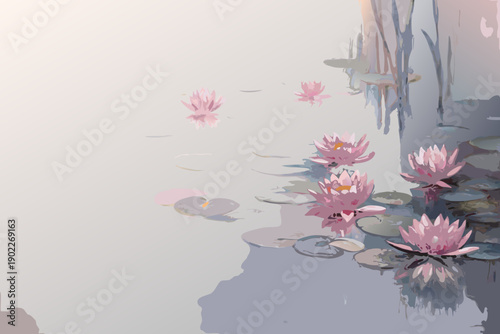 Pink lotus flowers float serenely on a calm reflective water surface